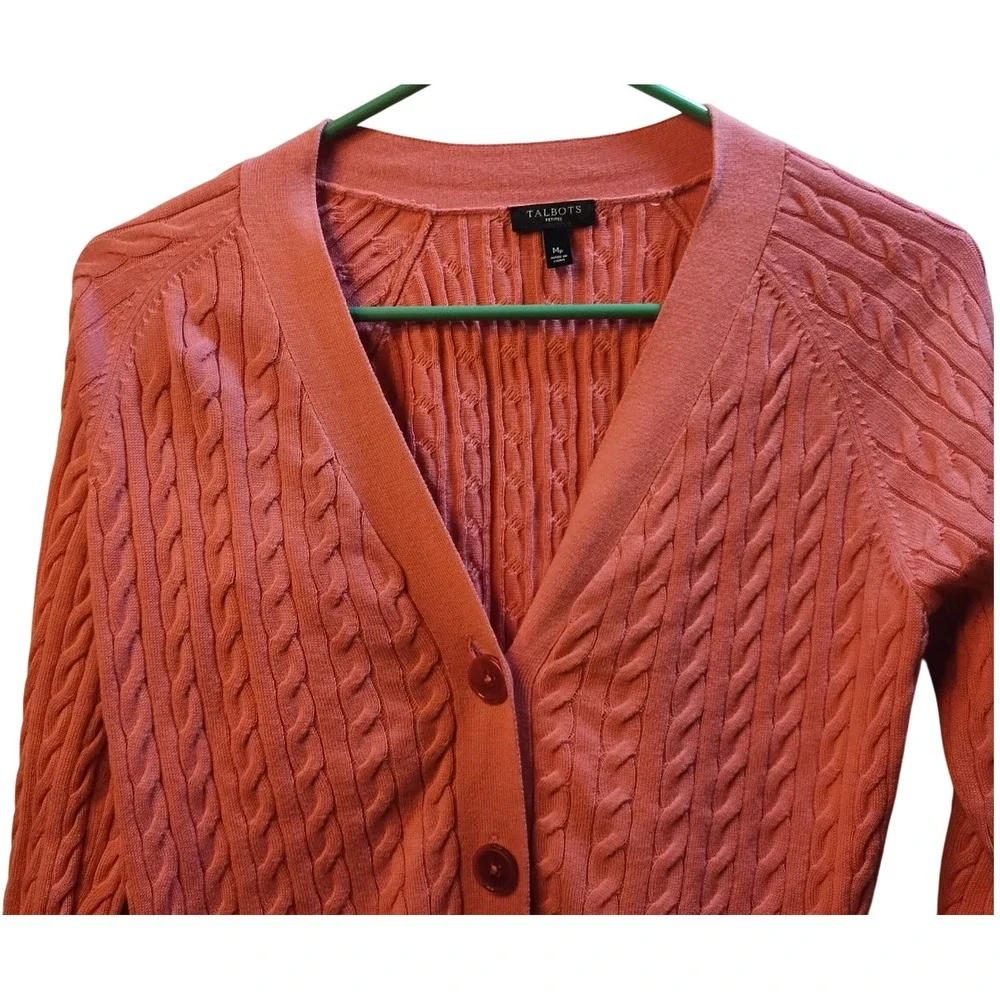 Talbots Petites Cable Knit Cardigan Sz M Coral Button‎ Sweater Preppy Layers